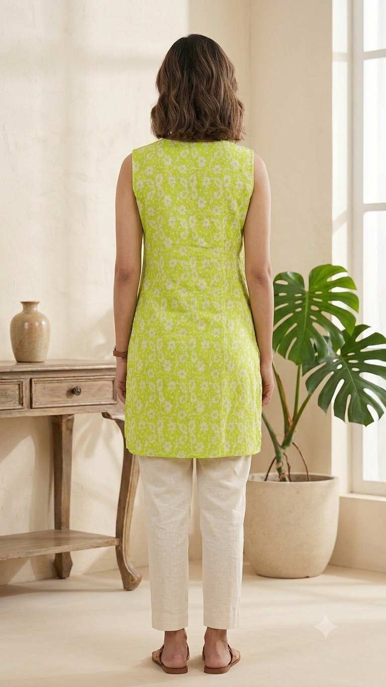 Vibrant Lime Green Floral Printed Sleeveless Short Kurti Under 300
