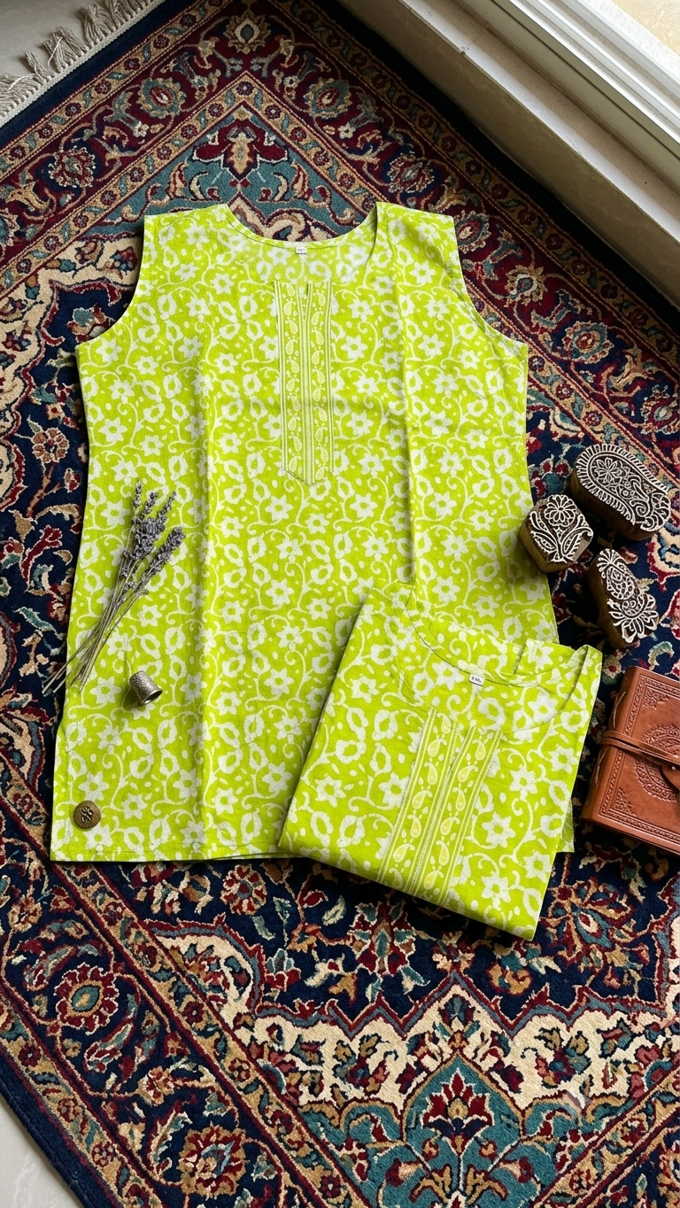 Vibrant Lime Green Floral Printed Sleeveless Short Kurti Under 300