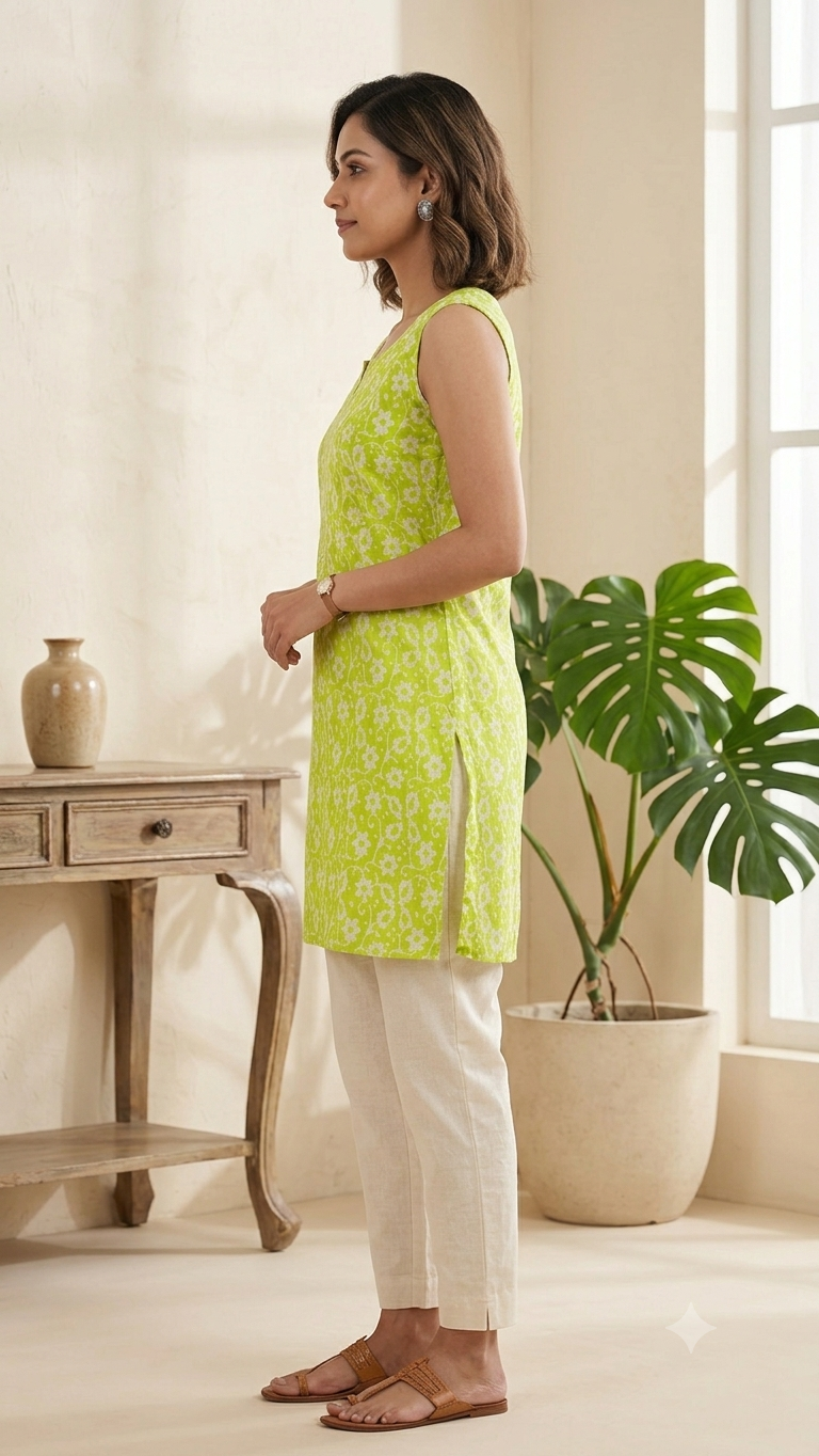 Vibrant Lime Green Floral Printed Sleeveless Short Kurti Under 300