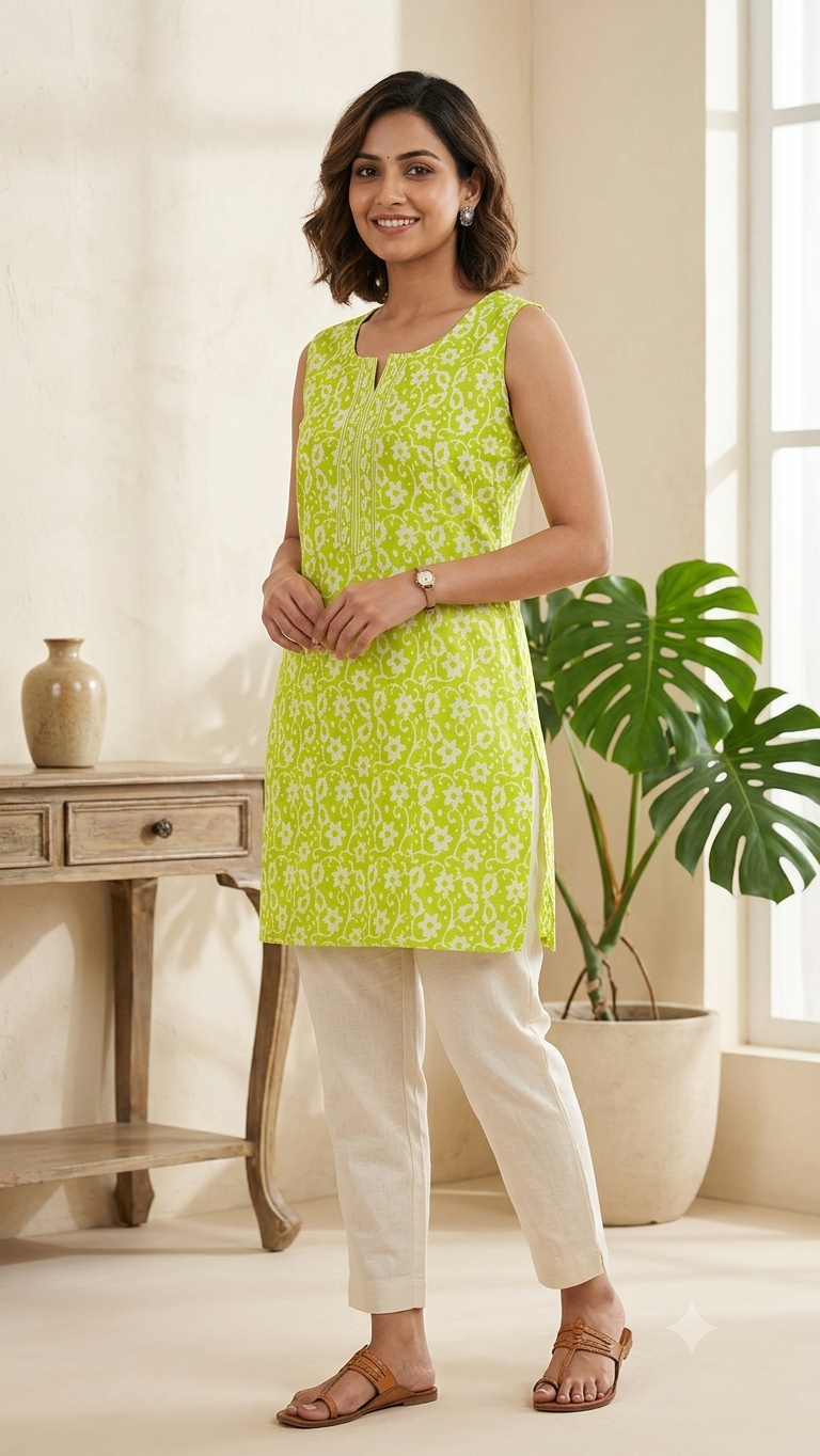 Vibrant Lime Green Floral Printed Sleeveless Short Kurti Under 300