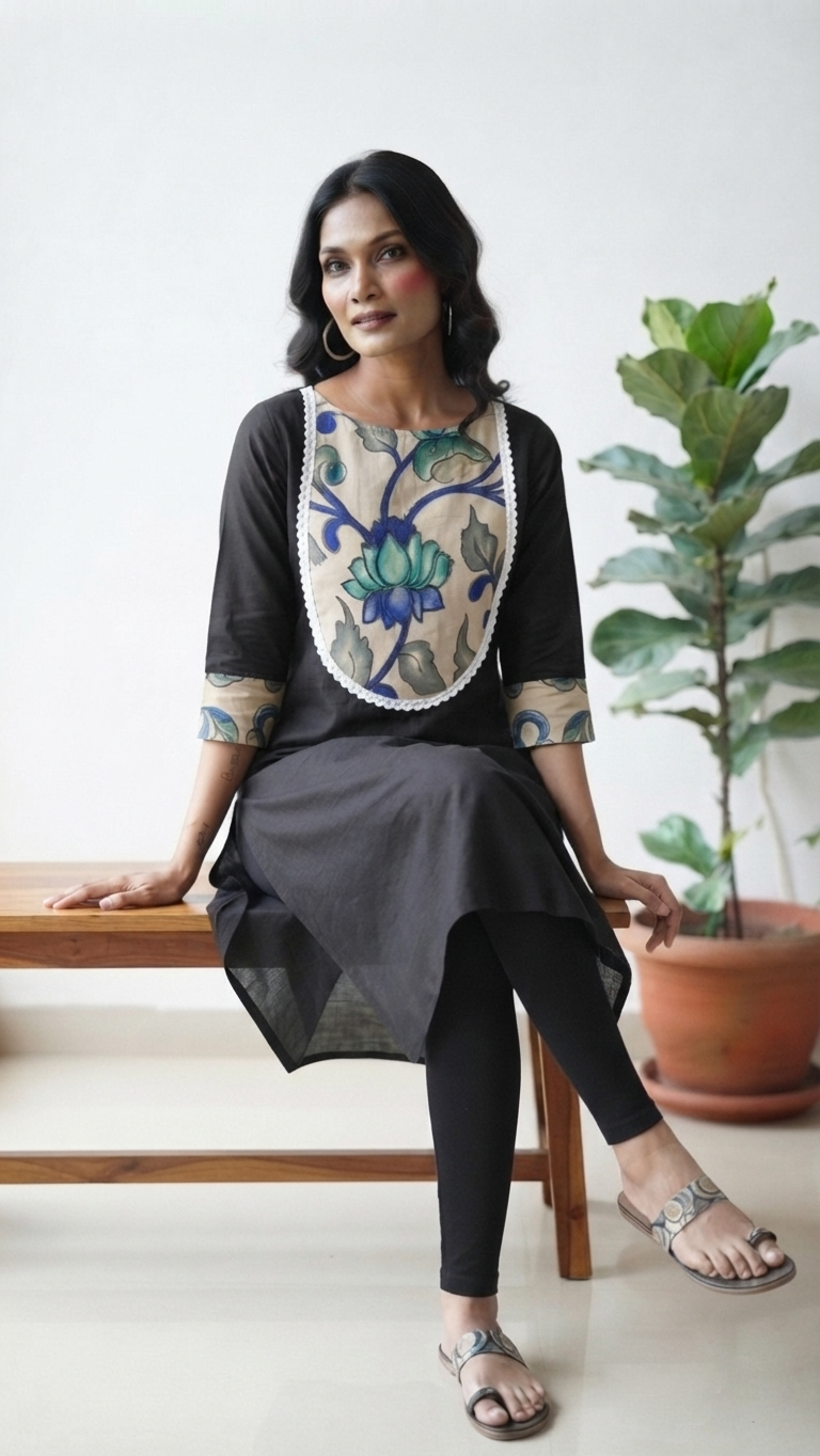 Penkalankari With White Lace Boder Kurti Under 399