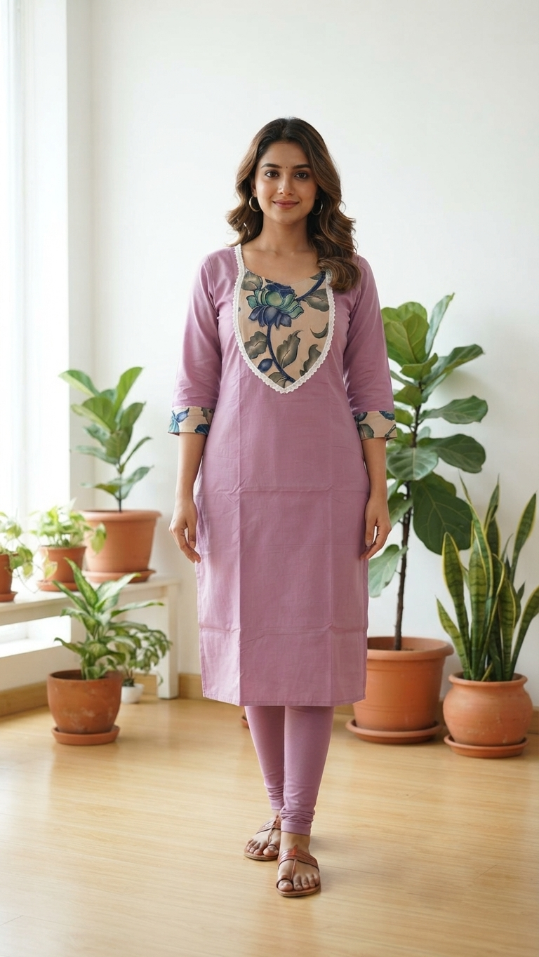 Penkalankari Cotton Kurti with White Lace Border | Premium Office & Casual Wear | Under ₹399