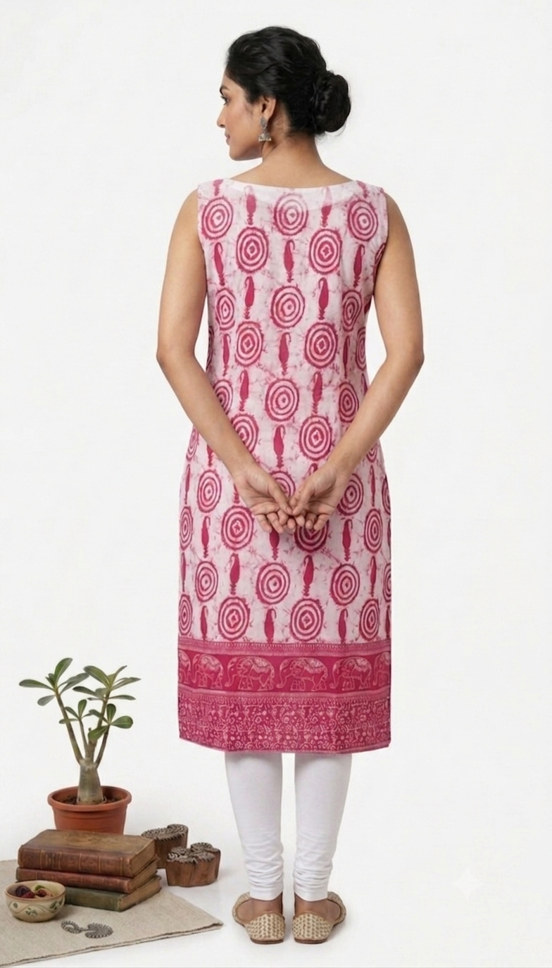 Women's Pink Cotton Printed Straight Kurti with V-Neck Sleeveless Design