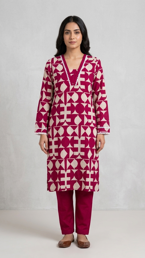Premium Magenta Geometric Print Cotton Kurti Set with Lace Work (2-Piece) Under 600
