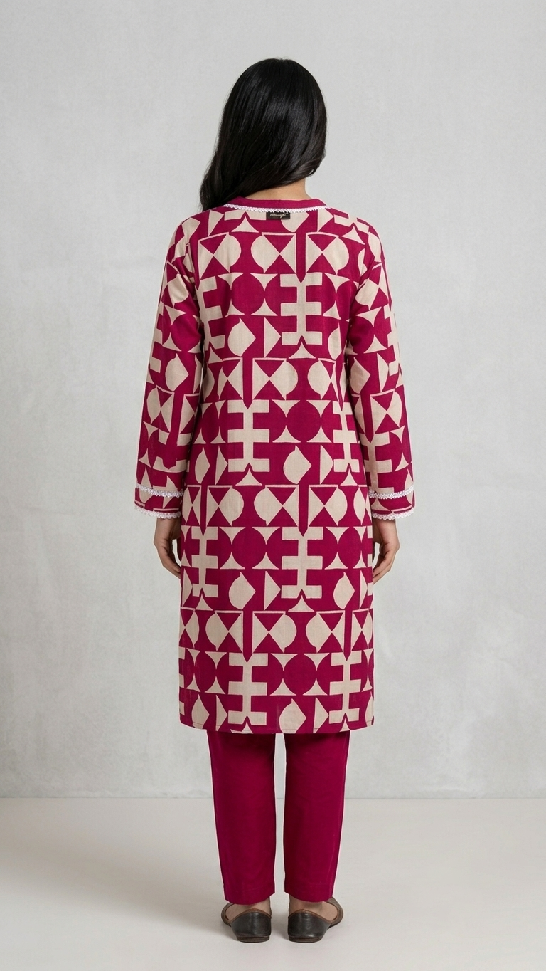 Premium Magenta Geometric Print Cotton Kurti Set with Lace Work (2-Piece) Under 600