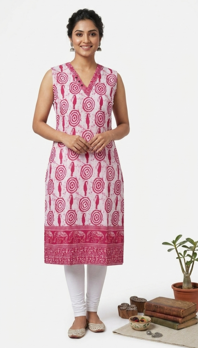 Women's Pink Cotton Printed Straight Kurti with V-Neck Sleeveless Design