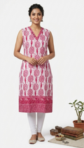 Women's Pink Cotton Printed Straight Kurti with V-Neck Sleeveless Design