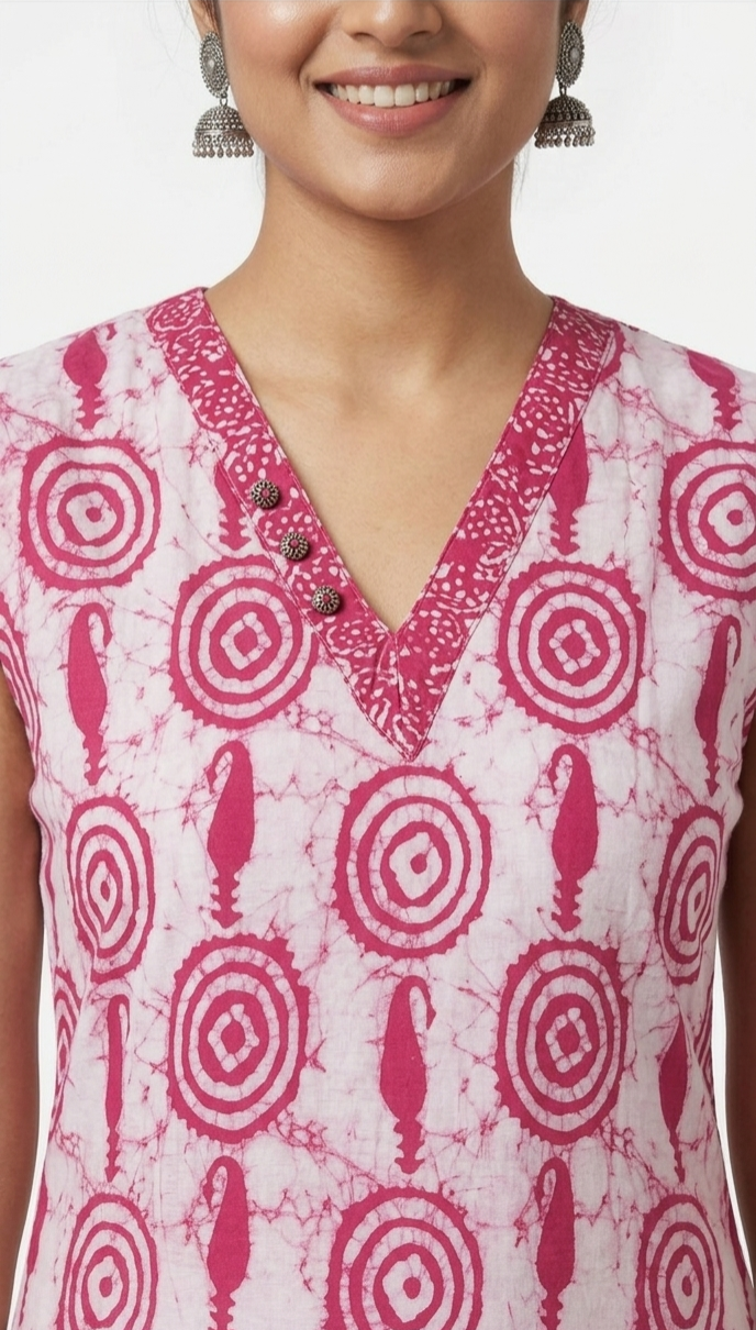 Women's Pink Cotton Printed Straight Kurti with V-Neck Sleeveless Design