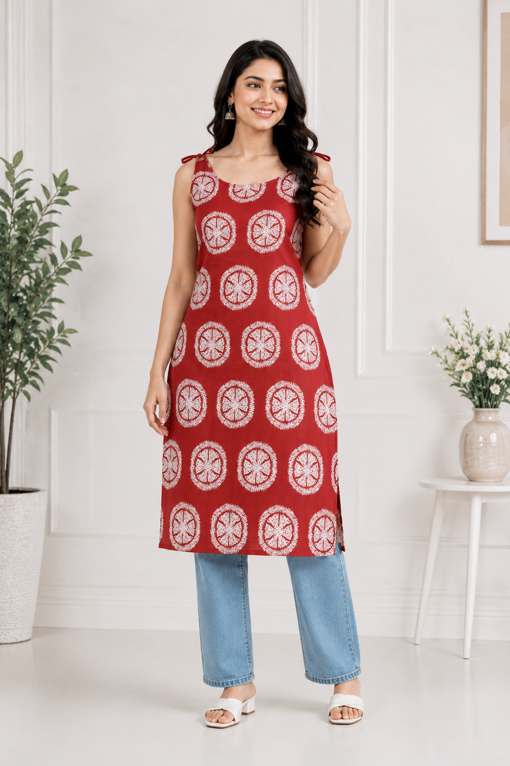 Women's Red Printed Straight Cotton Kurti with Shoulder Tie-Up | Casual Summer Kurti