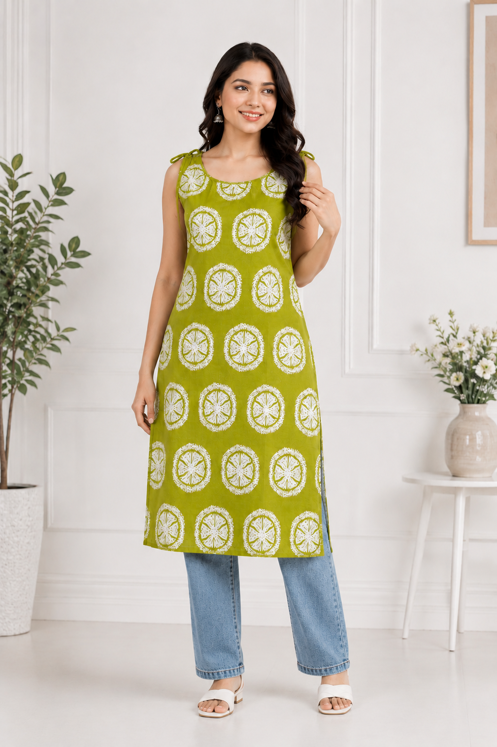 Women's Lime Green Printed Straight Cotton Kurti with Shoulder Tie-Up | Casual Summer Kurti