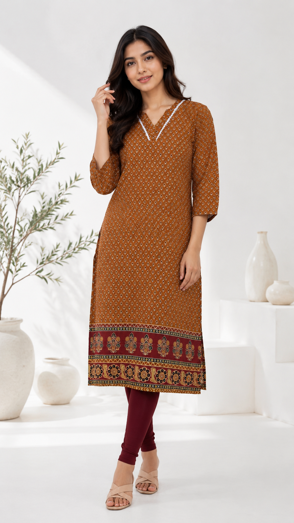 Women's Mustard Yellow Ethnic Printed Straight Kurta | V-Neck | Three-Quarter Sleeves | Casual & Office Wear