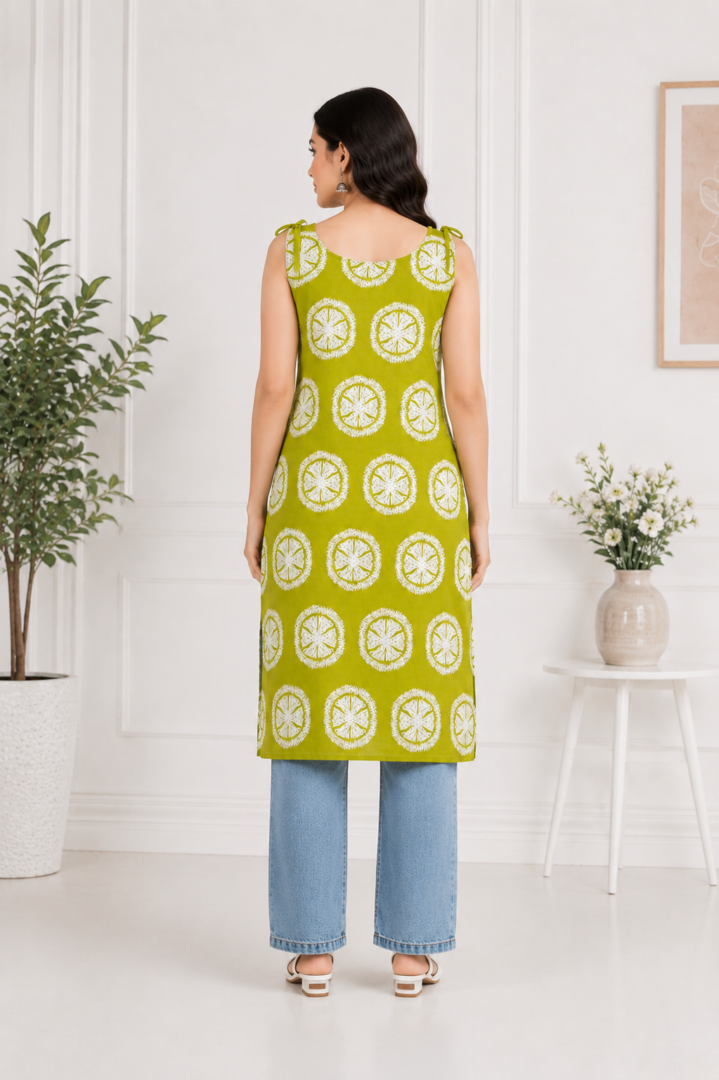 Women's Lime Green Printed Straight Cotton Kurti with Shoulder Tie-Up | Casual Summer Kurti