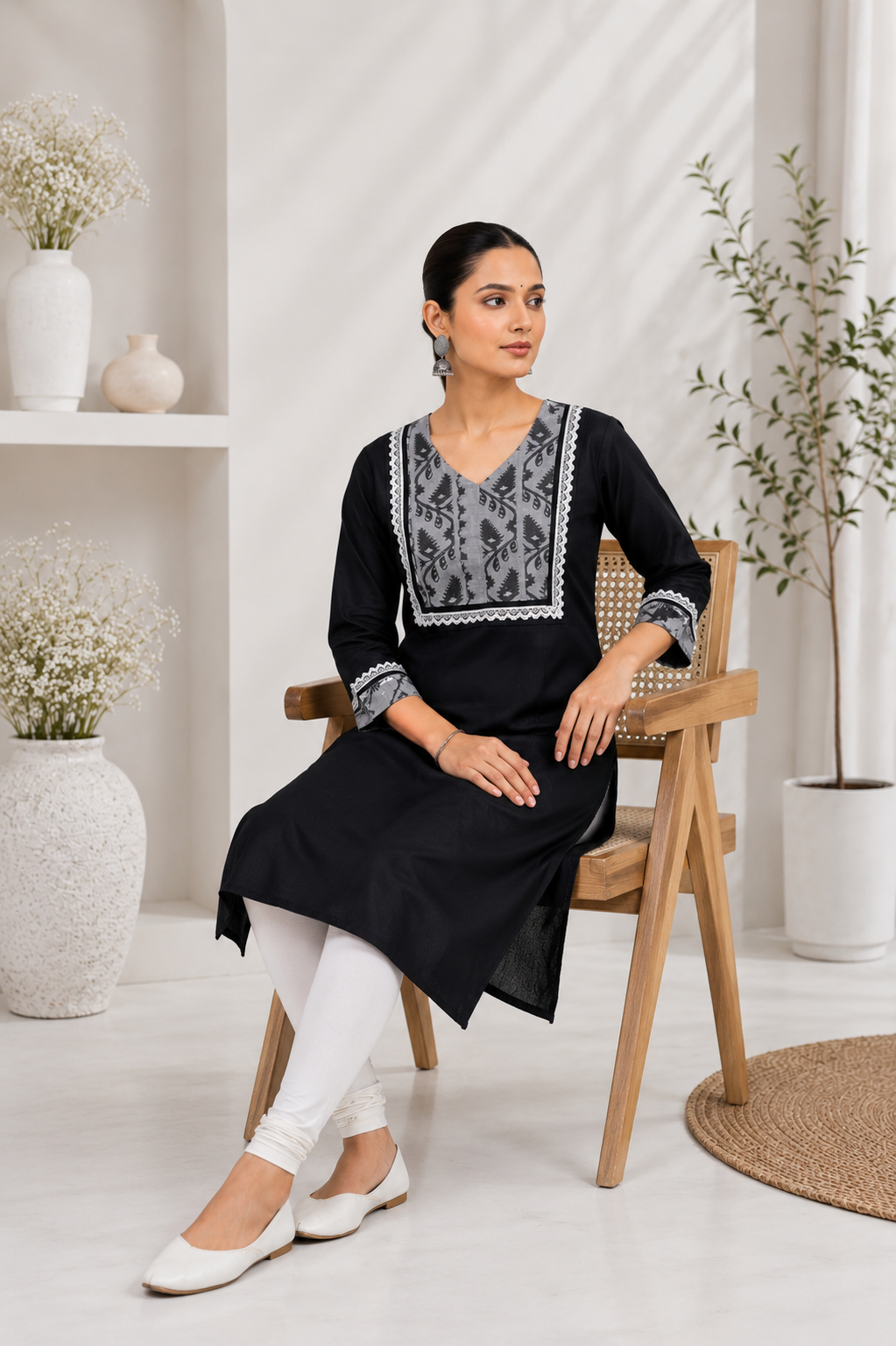 Women's Black Cotton Jamdani Straight Kurti with V-Neck & 3/4 Sleeves