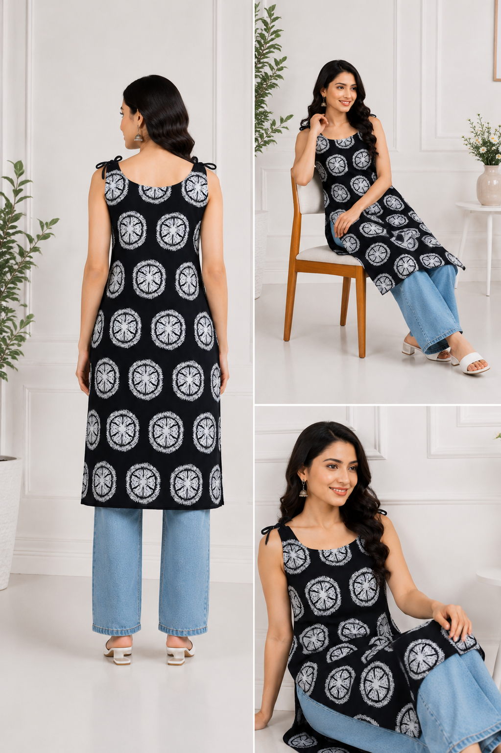 Women's Black Printed Straight Cotton Kurti with Shoulder Tie-Up | Casual Summer Kurti