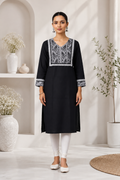 Women's Black Cotton Jamdani Straight Kurti with V-Neck & 3/4 Sleeves