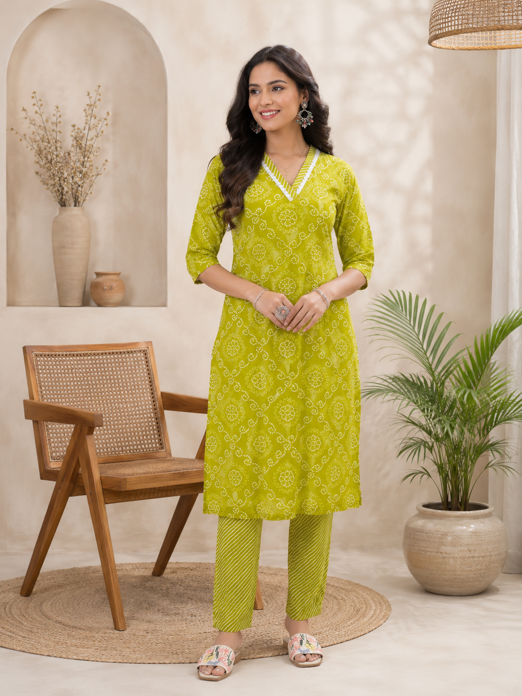 Women's Lime Green Bandhani Print Straight Kurta with Matching Pants | V-Neck | Three-Quarter Sleeves | Ethnic Wear