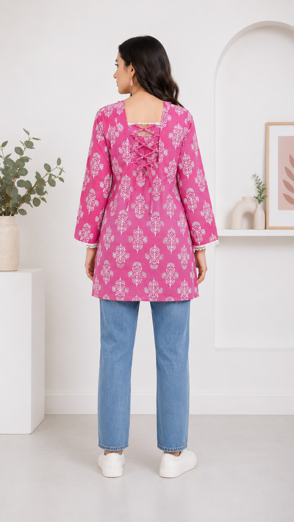 Pink Floral Printed Cotton Short Kurti for Women