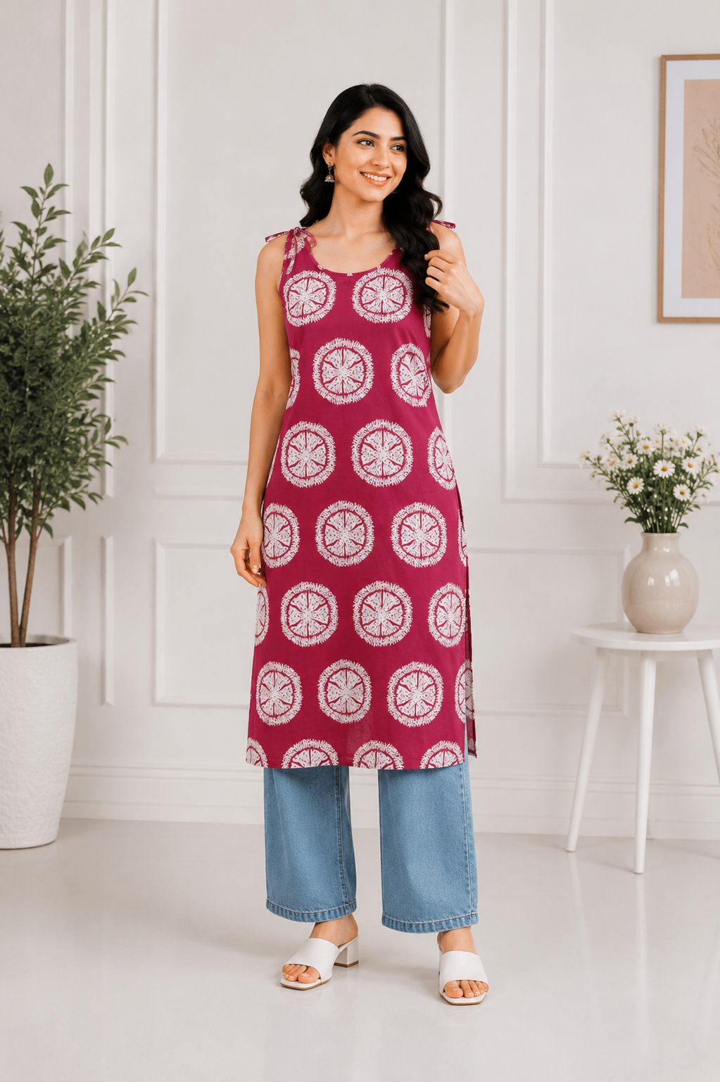 Women's Pink Printed Straight Cotton Kurti with Shoulder Tie-Up | Casual Summer Kurti