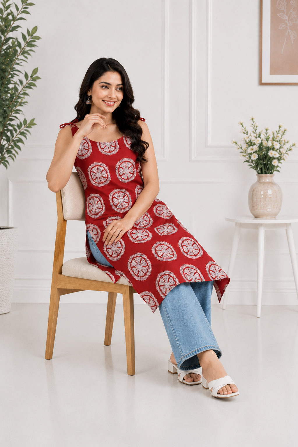 Women's Red Printed Straight Cotton Kurti with Shoulder Tie-Up | Casual Summer Kurti