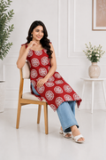 Women's Red Printed Straight Cotton Kurti with Shoulder Tie-Up | Casual Summer Kurti