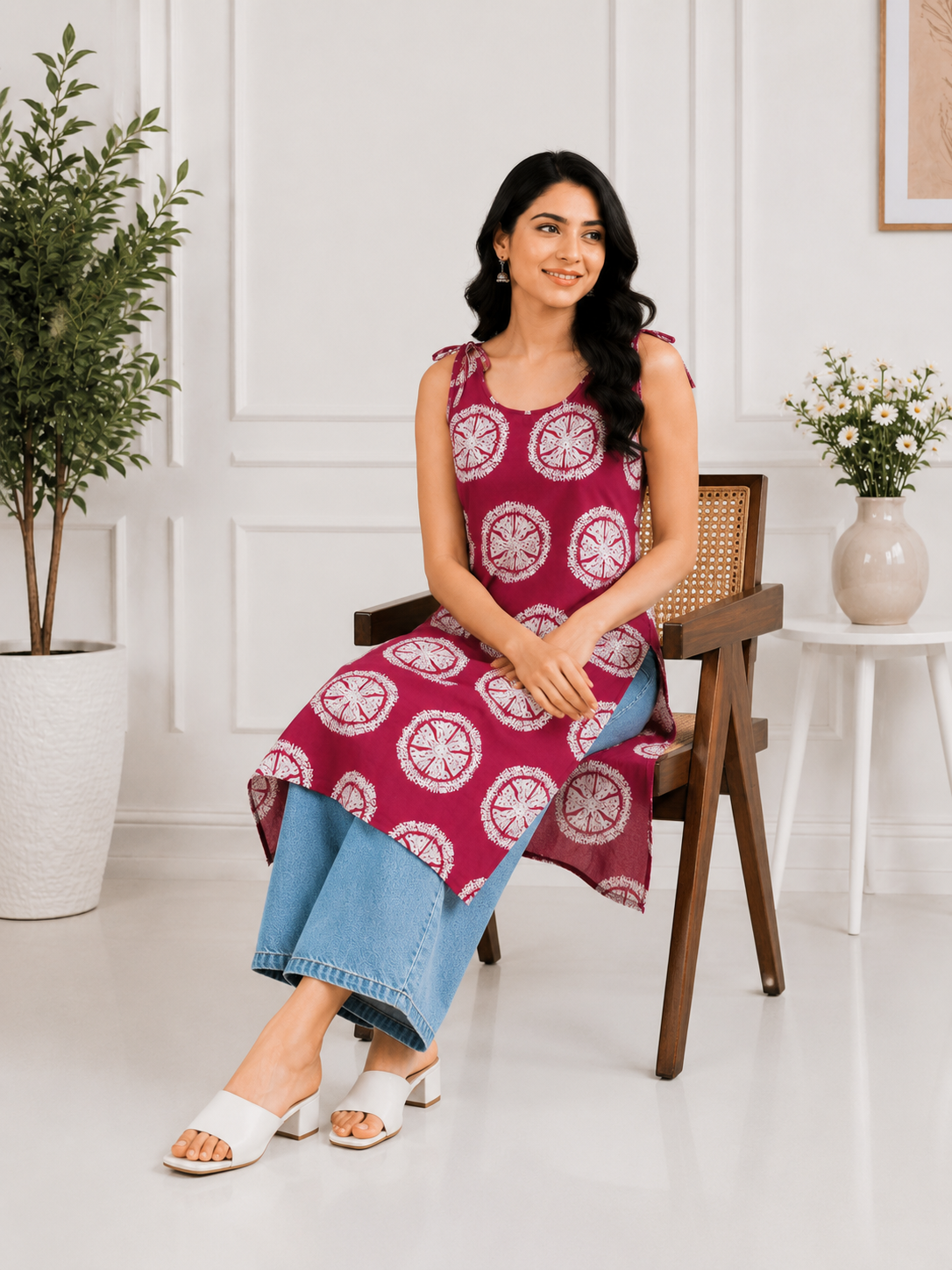 Women's Pink Printed Straight Cotton Kurti with Shoulder Tie-Up | Casual Summer Kurti