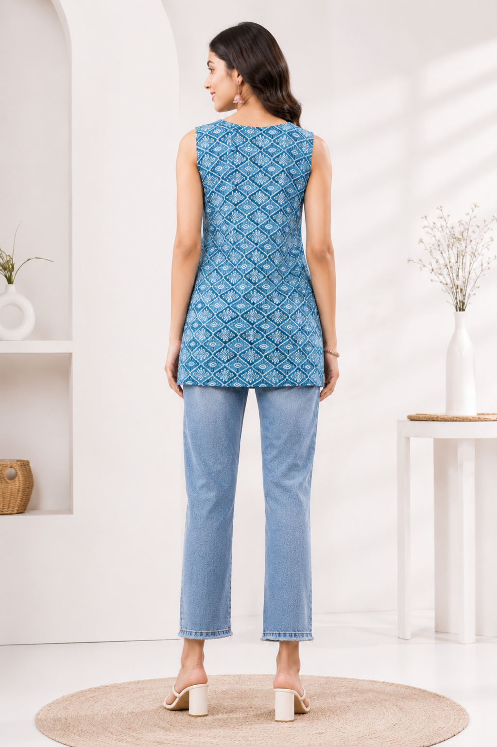 Women's Sky Blue Printed Sleeveless Cotton Short Kurti