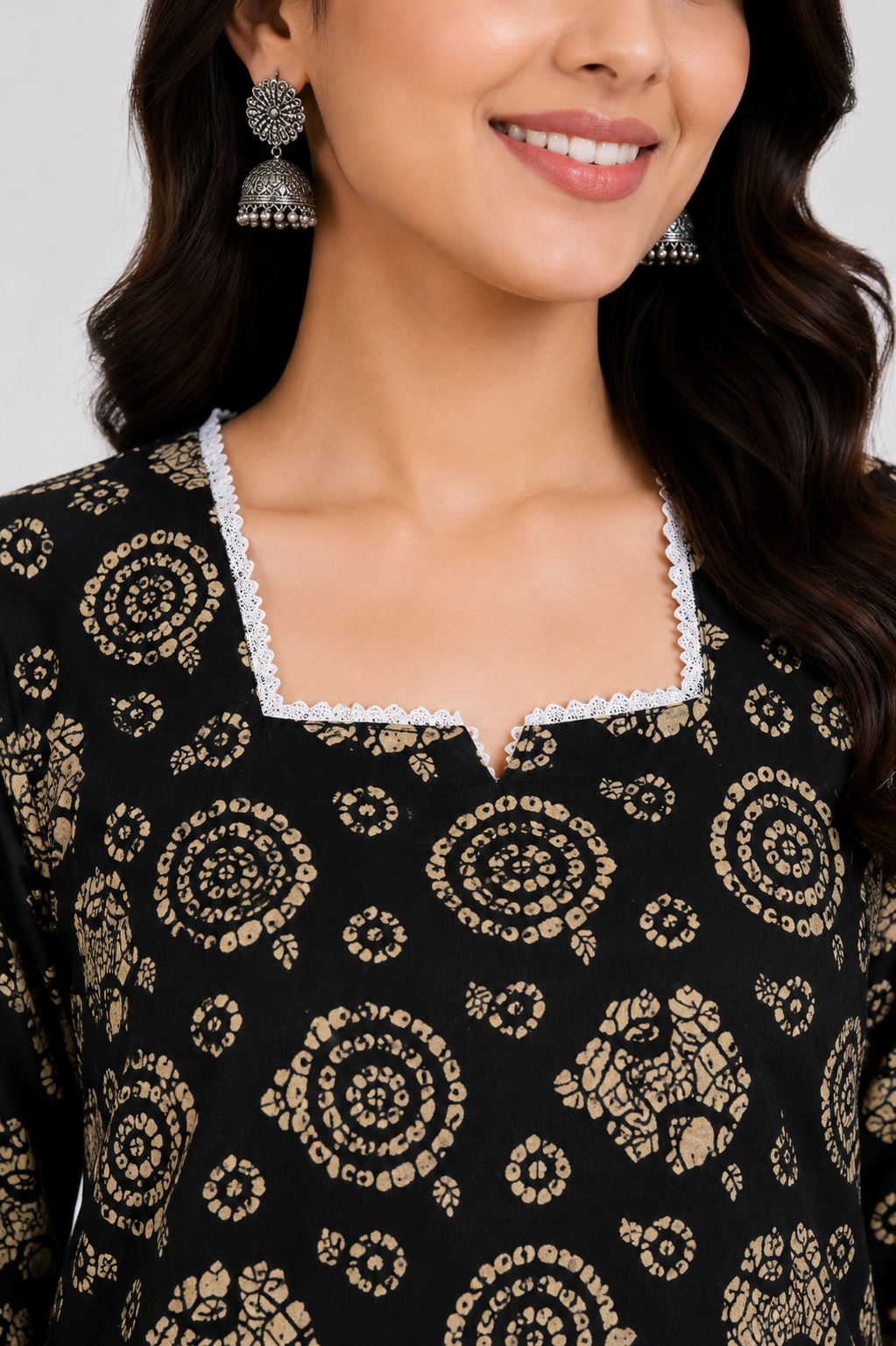 Women's Black Printed Short Cotton Kurti with Square Neck | Casual Daily Wear Top