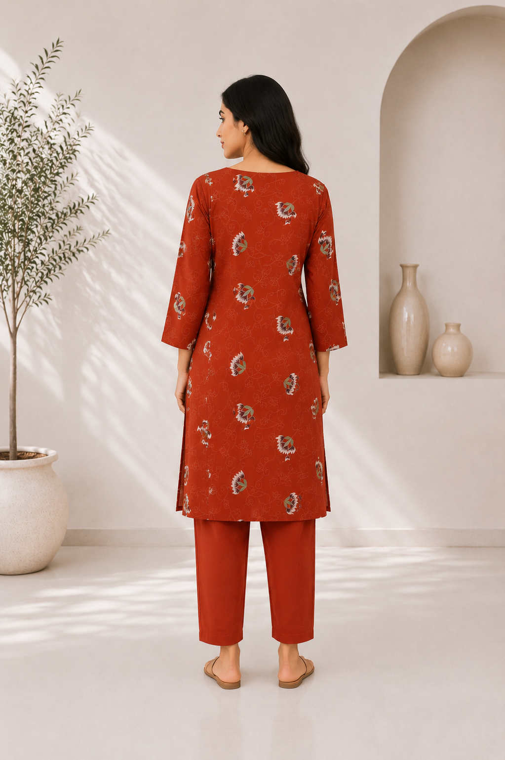 Women's Orange Floral Printed Cotton Blend Straight Kurta Pant Set | Casual & Office Wear