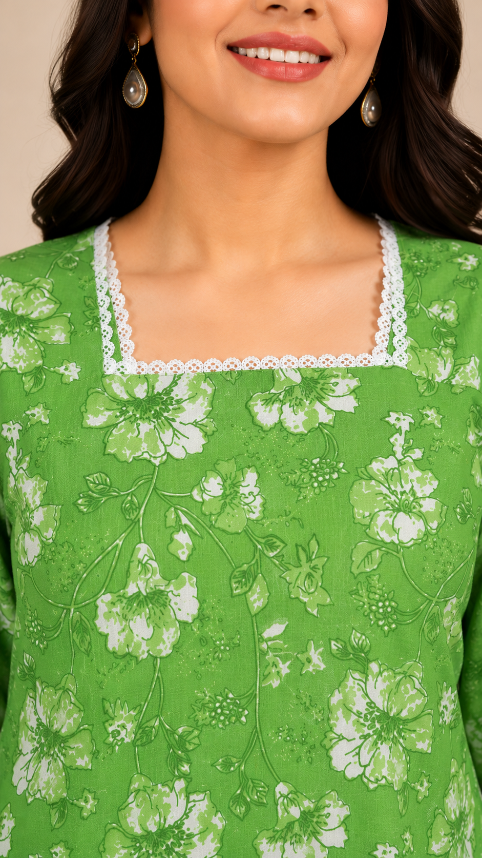Women's Green Floral Printed Cotton Blend Short Kurti with Square Neck