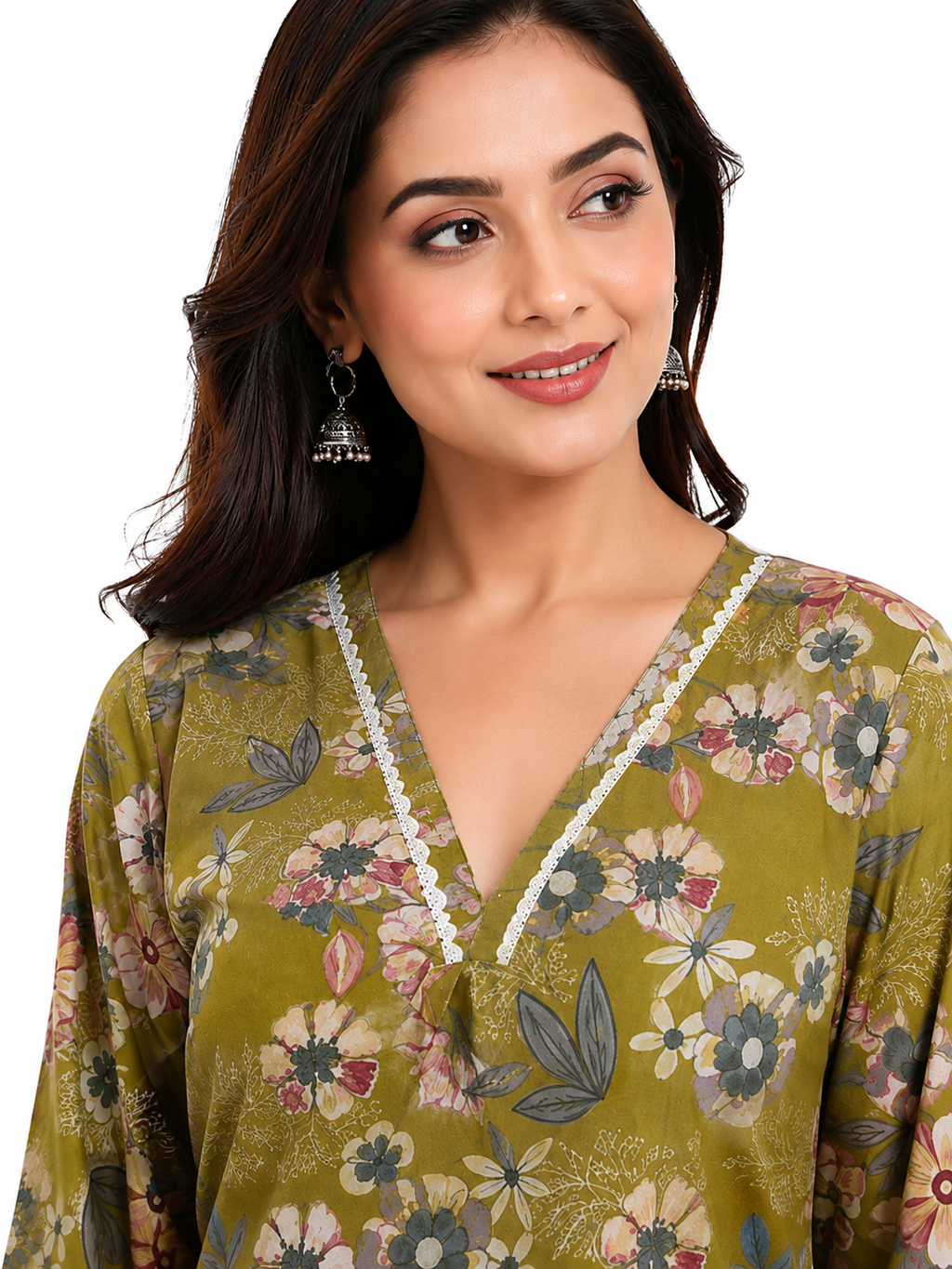 Women's Olive Green Floral Printed Cotton Blend Straight Kurta with Solid Pants | Three-Quarter Sleeves