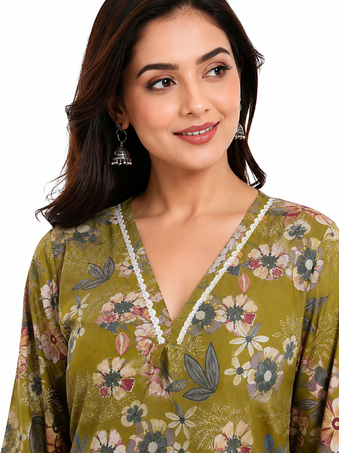 Women's Olive Green Floral Printed Cotton Blend Straight Kurta with Solid Pants | Three-Quarter Sleeves