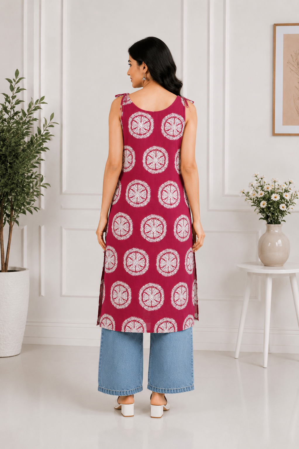 Women's Pink Printed Straight Cotton Kurti with Shoulder Tie-Up | Casual Summer Kurti