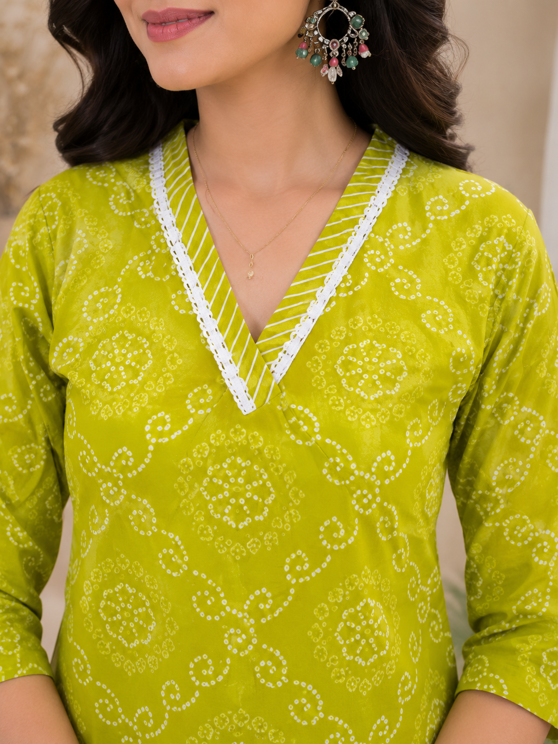 Women's Lime Green Bandhani Print Straight Kurta with Matching Pants | V-Neck | Three-Quarter Sleeves | Ethnic Wear
