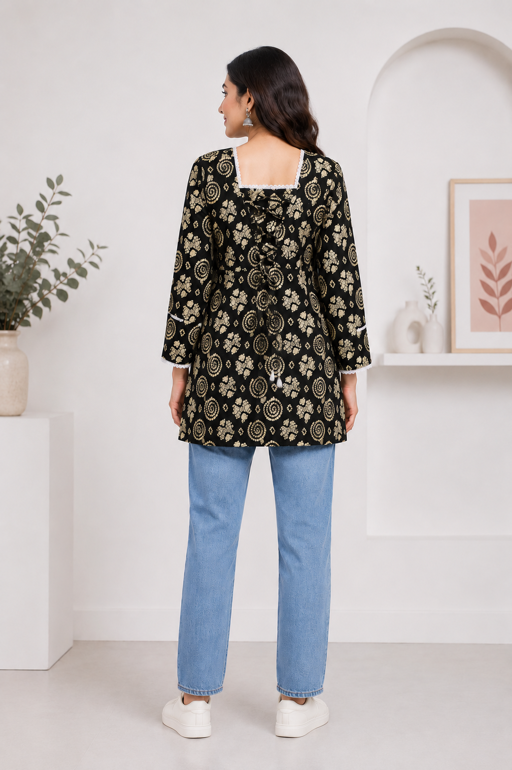 Women's Black Printed Short Cotton Kurti with Square Neck | Casual Daily Wear Top