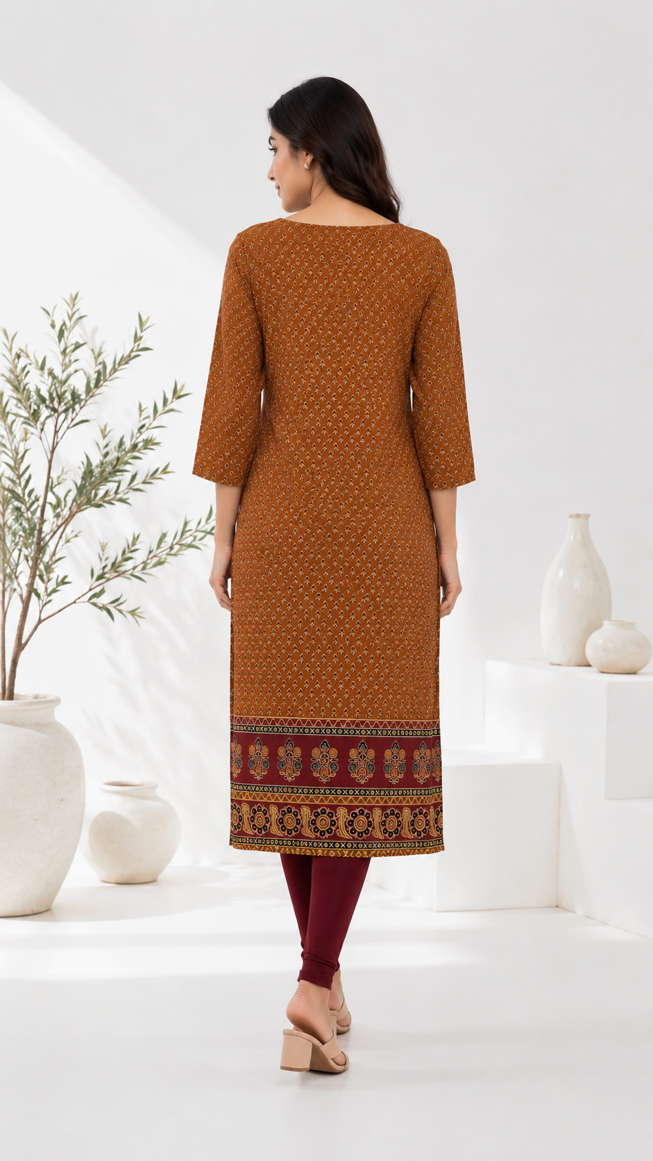 Women's Mustard Yellow Ethnic Printed Straight Kurta | V-Neck | Three-Quarter Sleeves | Casual & Office Wear
