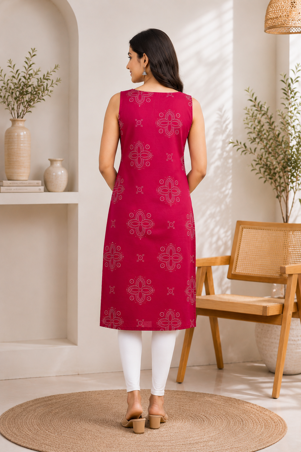 Women's Magenta Cotton Printed Straight Kurti with V-Neck | Sleeveless Casual Ethnic Kurta