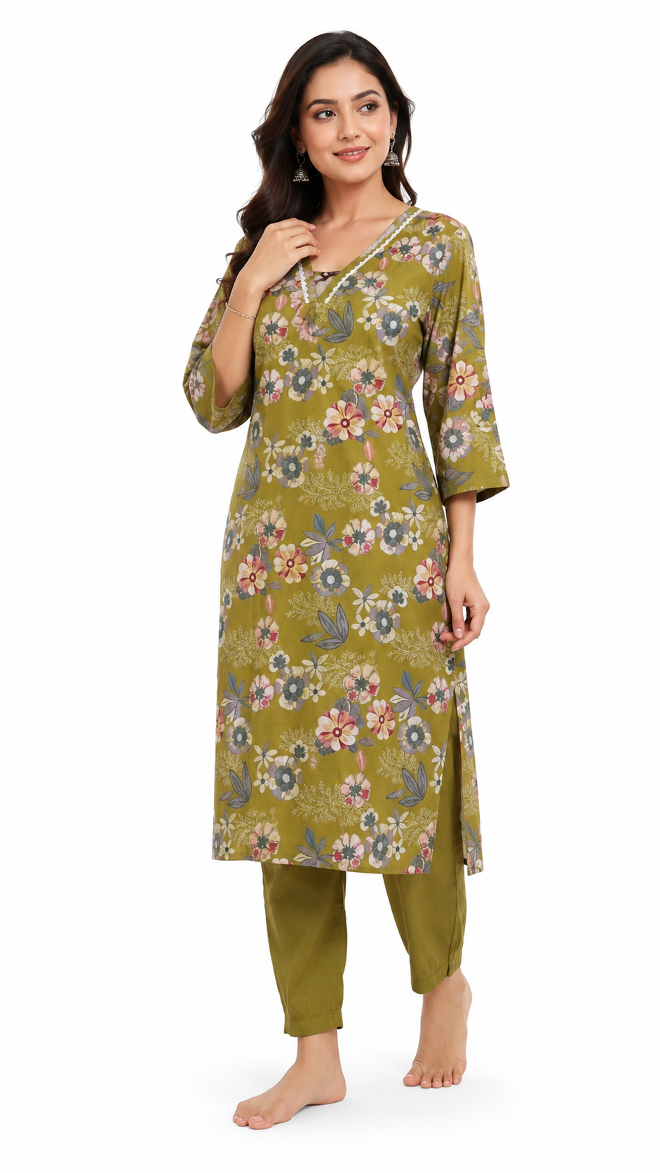 Women's Olive Green Floral Printed Cotton Blend Straight Kurta with Solid Pants | Three-Quarter Sleeves