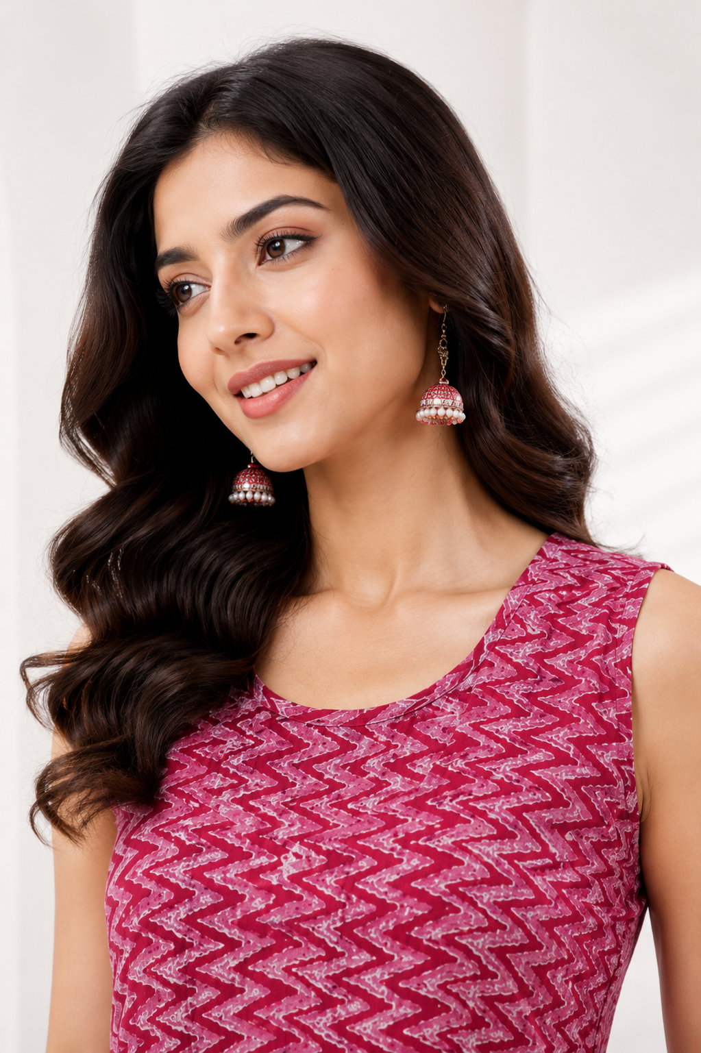 Women's Pink Sleeveless Zigzag Print Cotton Short Kurti | Casual Summer Top