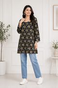 Women's Black Printed Short Cotton Kurti with Square Neck | Casual Daily Wear Top