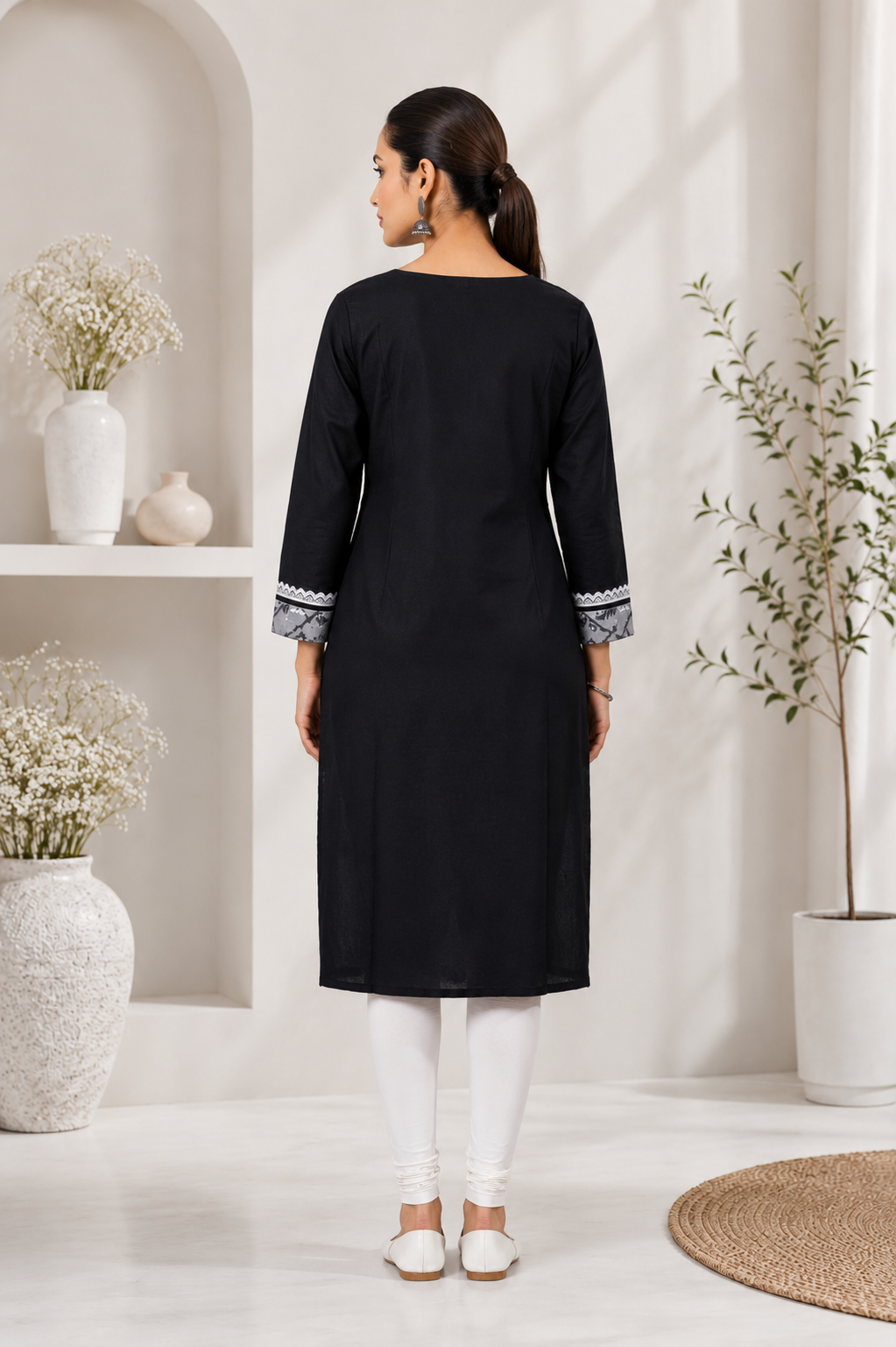 Women's Black Cotton Jamdani Straight Kurti with V-Neck & 3/4 Sleeves