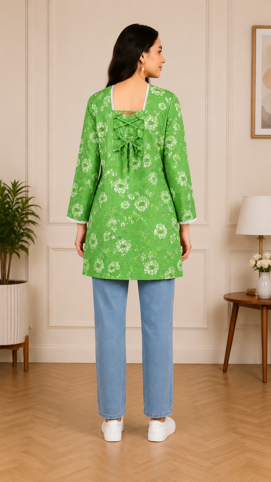 Women's Green Floral Printed Cotton Blend Short Kurti with Square Neck
