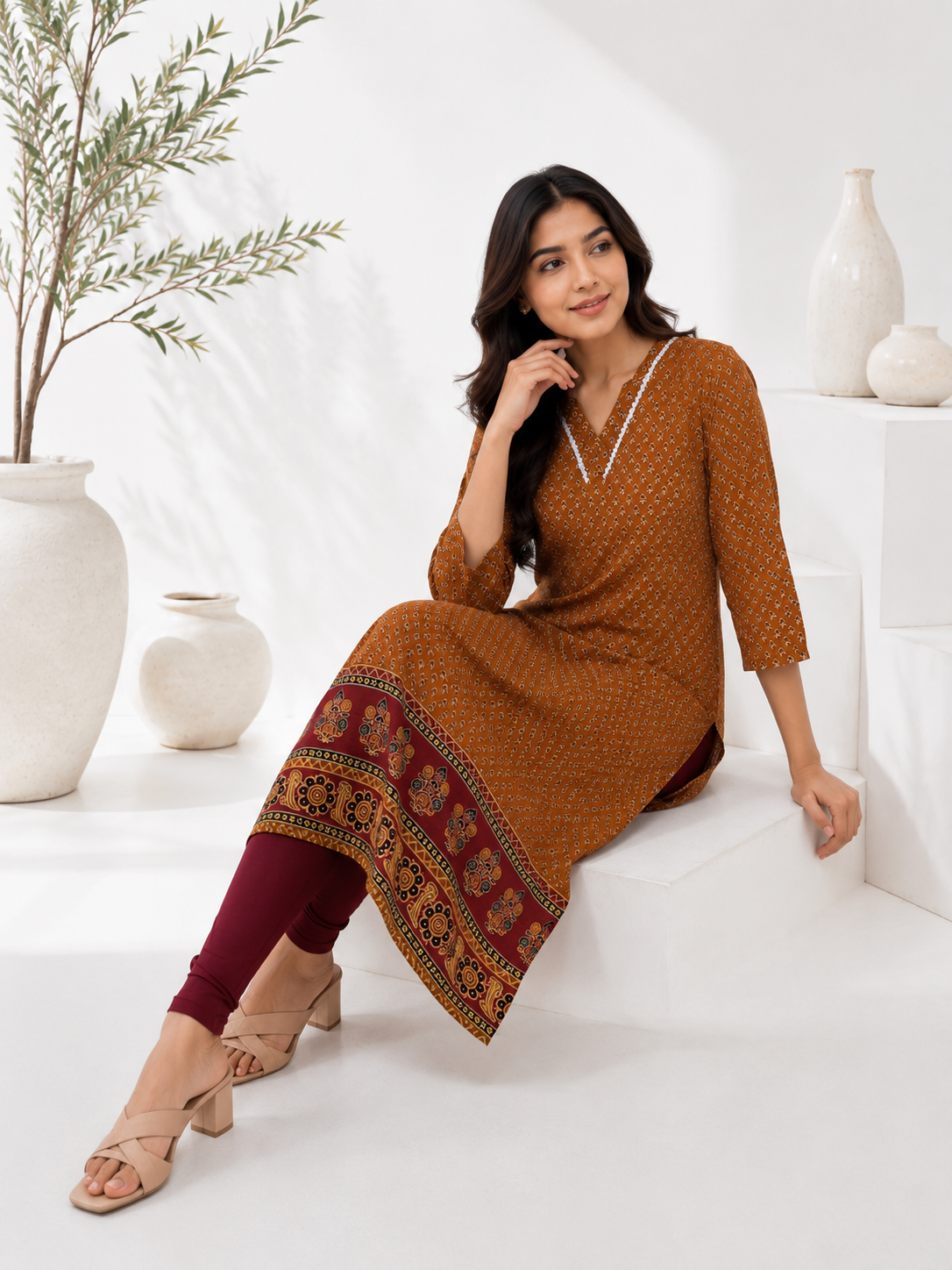 Women's Mustard Yellow Ethnic Printed Straight Kurta | V-Neck | Three-Quarter Sleeves | Casual & Office Wear
