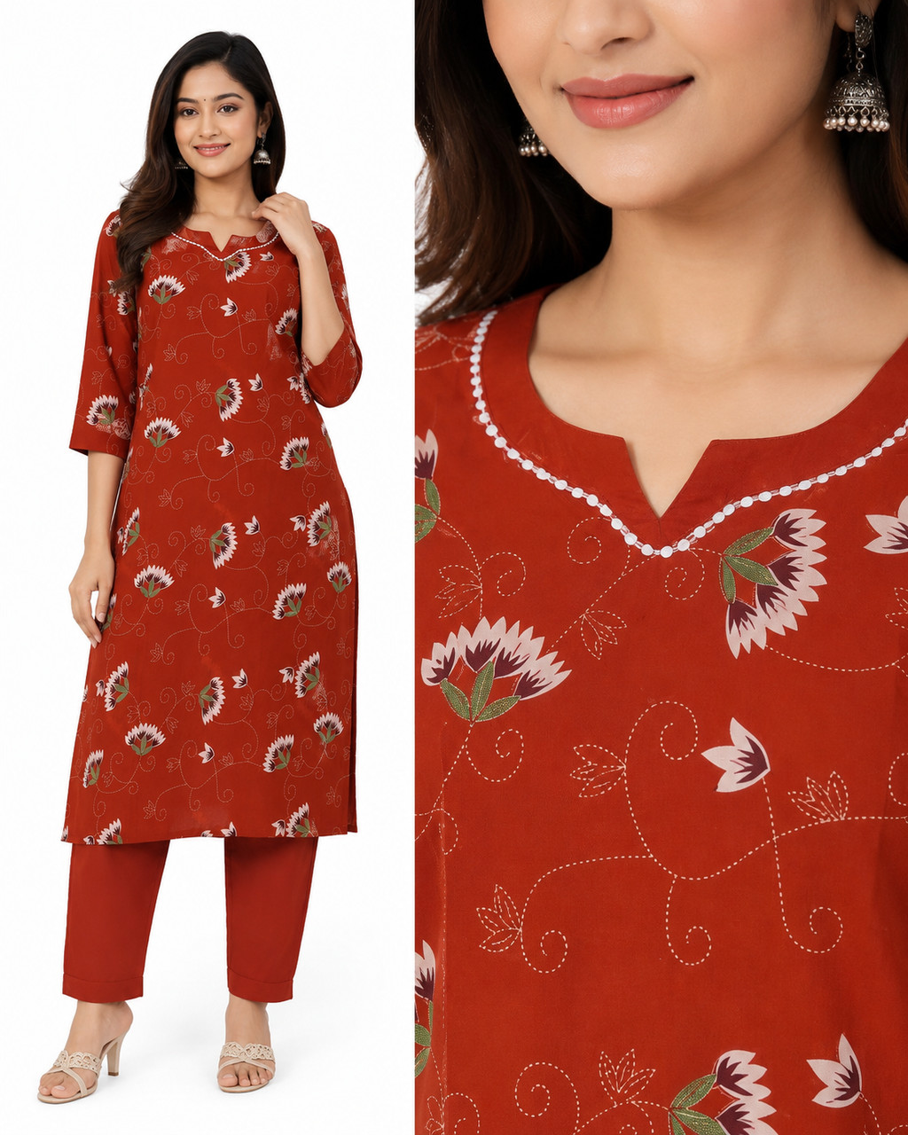 Women's Orange Floral Printed Cotton Blend Straight Kurta Pant Set | Casual & Office Wear