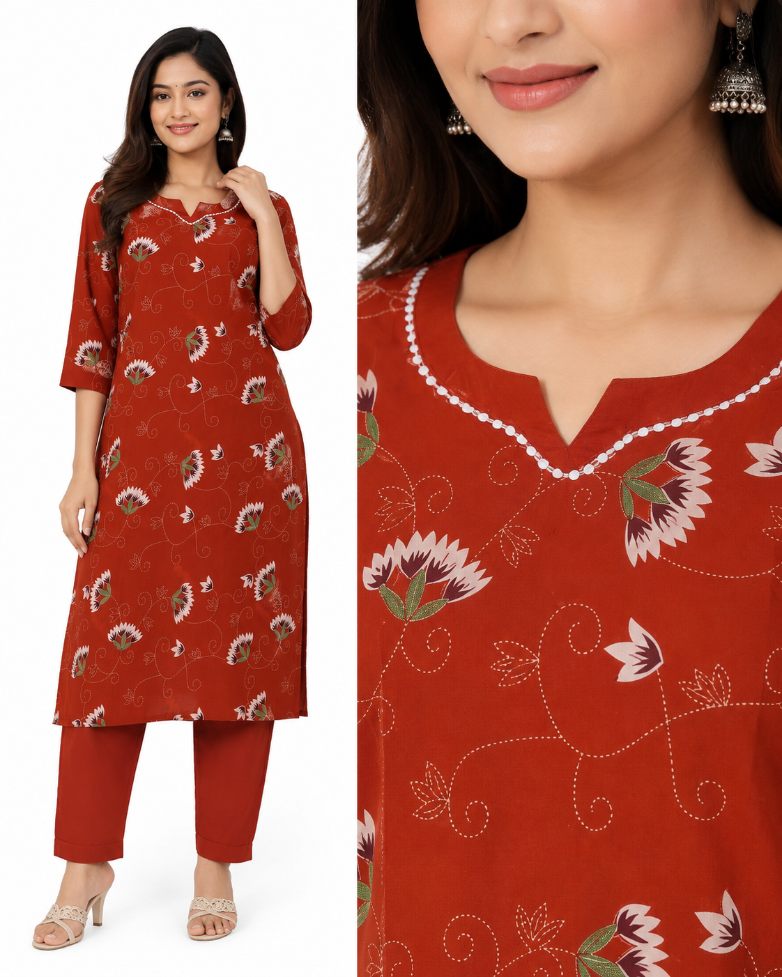 Women's Orange Floral Printed Cotton Blend Straight Kurta Pant Set | Casual & Office Wear