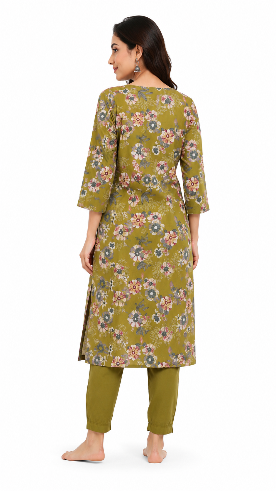 Women's Olive Green Floral Printed Cotton Blend Straight Kurta with Solid Pants | Three-Quarter Sleeves