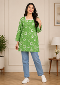 Women's Green Floral Printed Cotton Blend Short Kurti with Square Neck