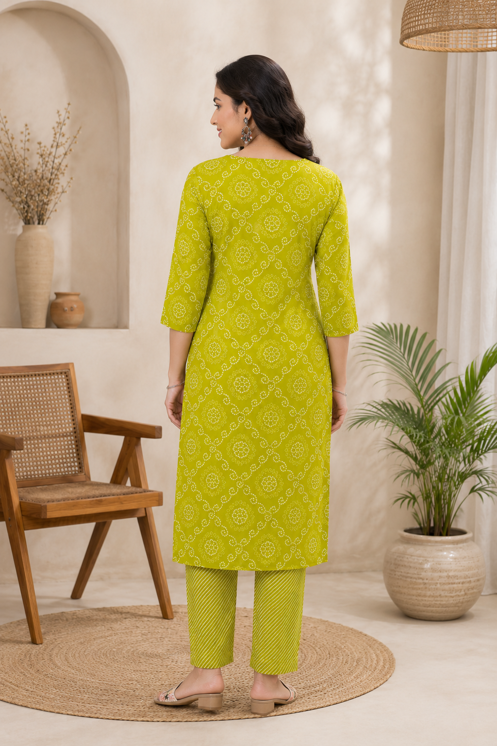 Women's Lime Green Bandhani Print Straight Kurta with Matching Pants | V-Neck | Three-Quarter Sleeves | Ethnic Wear
