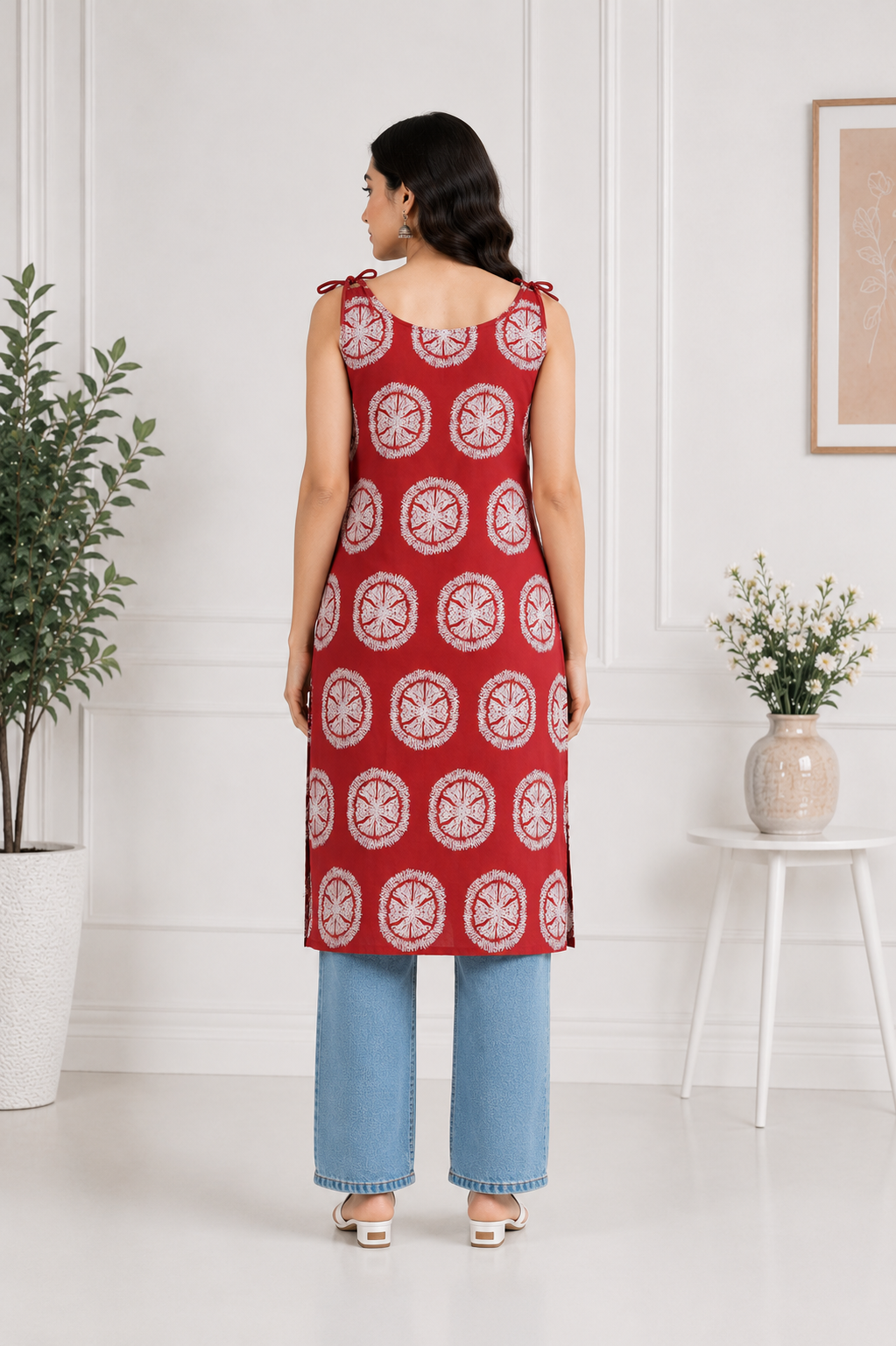 Women's Red Printed Straight Cotton Kurti with Shoulder Tie-Up | Casual Summer Kurti